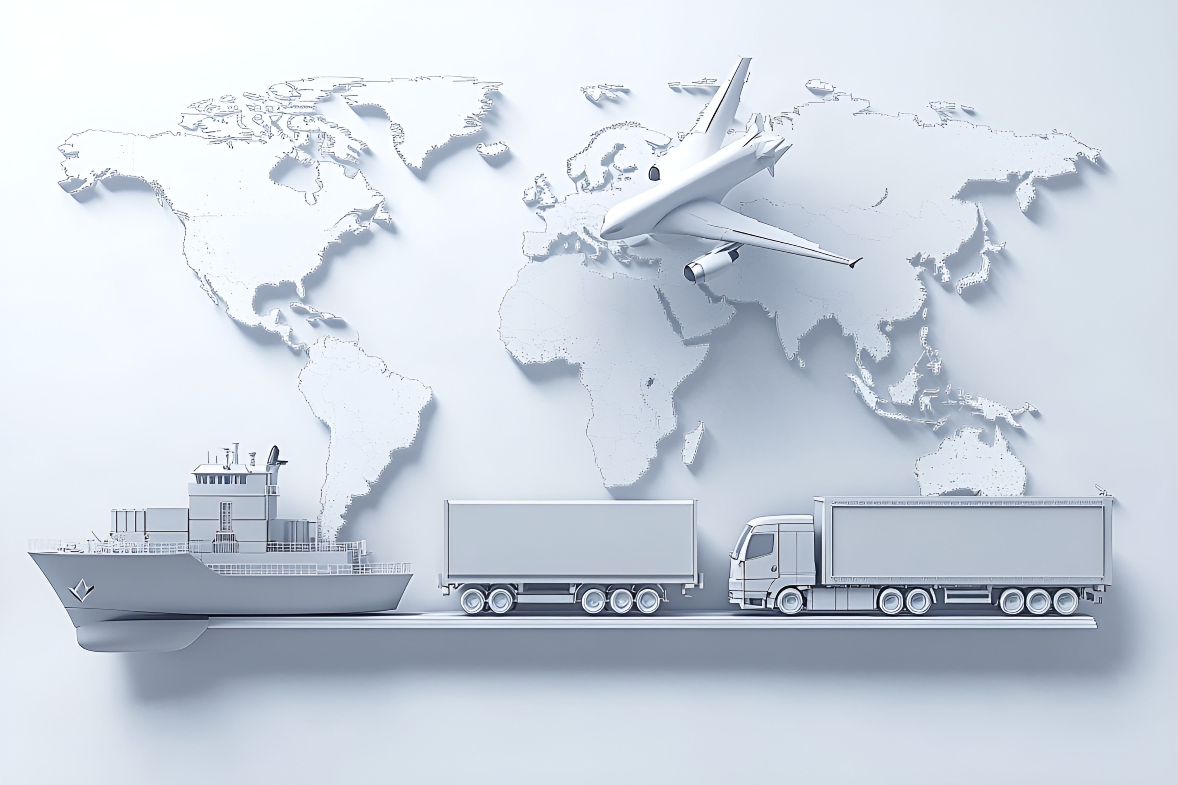 简约3D渲染世界地图物流运输飞机货船卡车插画（仅供交流学习非商用）